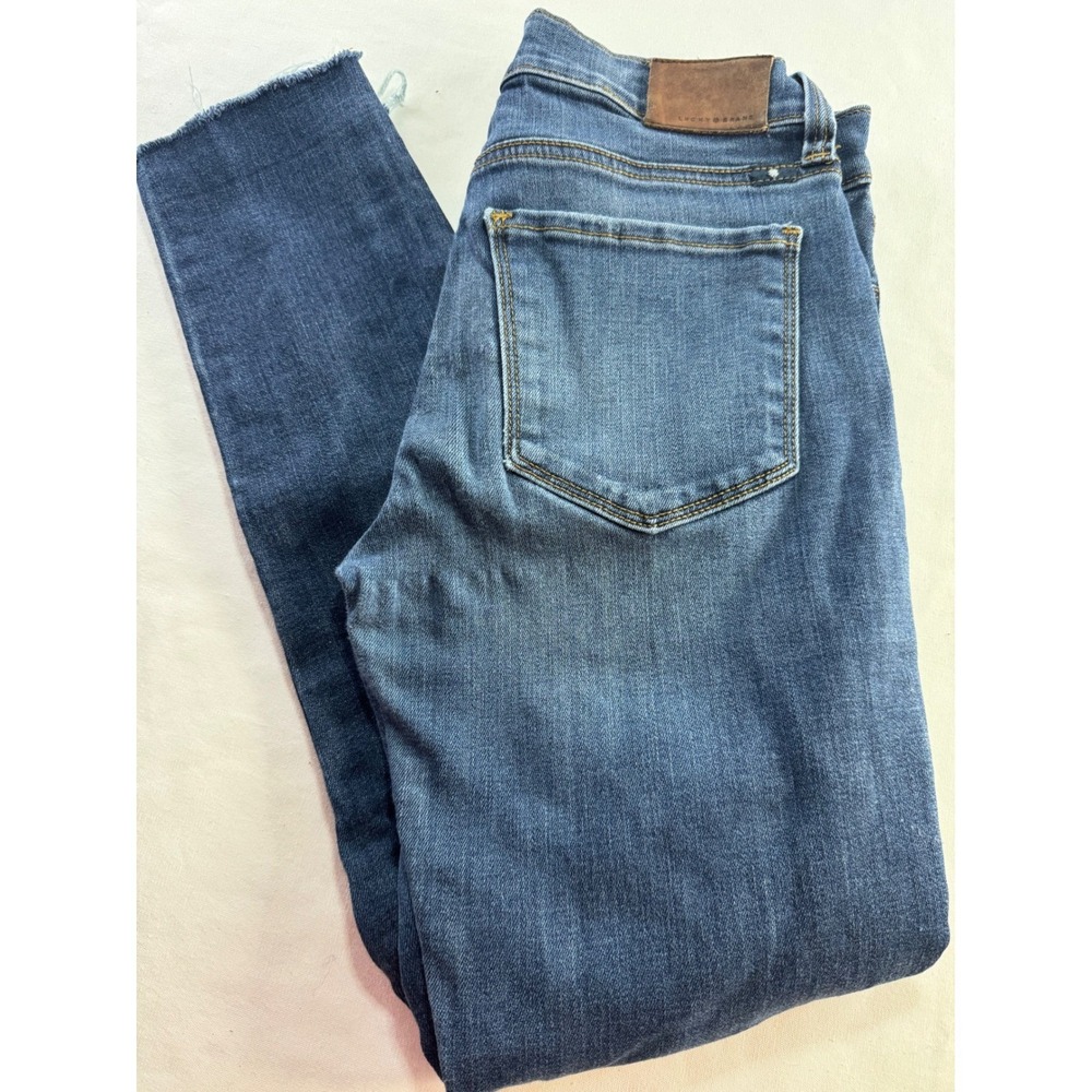 Lucky Brand Skinny Jeans Blue Denim Distressed Raw Hem Ripped Knee Size‎ 26